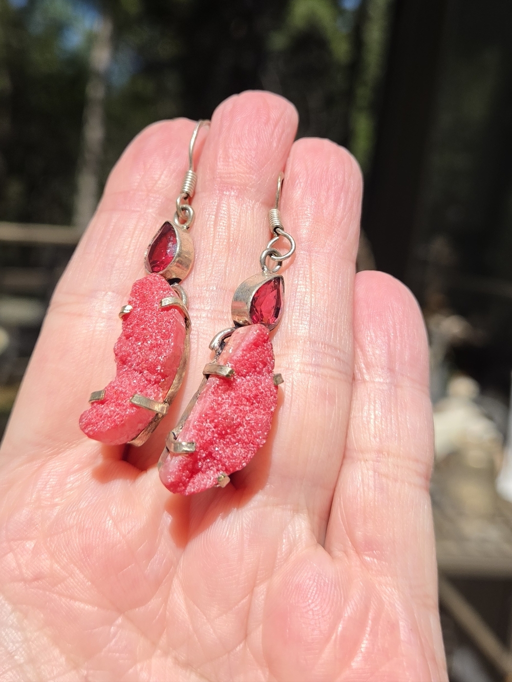 Vibrant Pink Druzy Drop Sterling Earrings with Faceted Garnet Accent - Picture 3 of 8